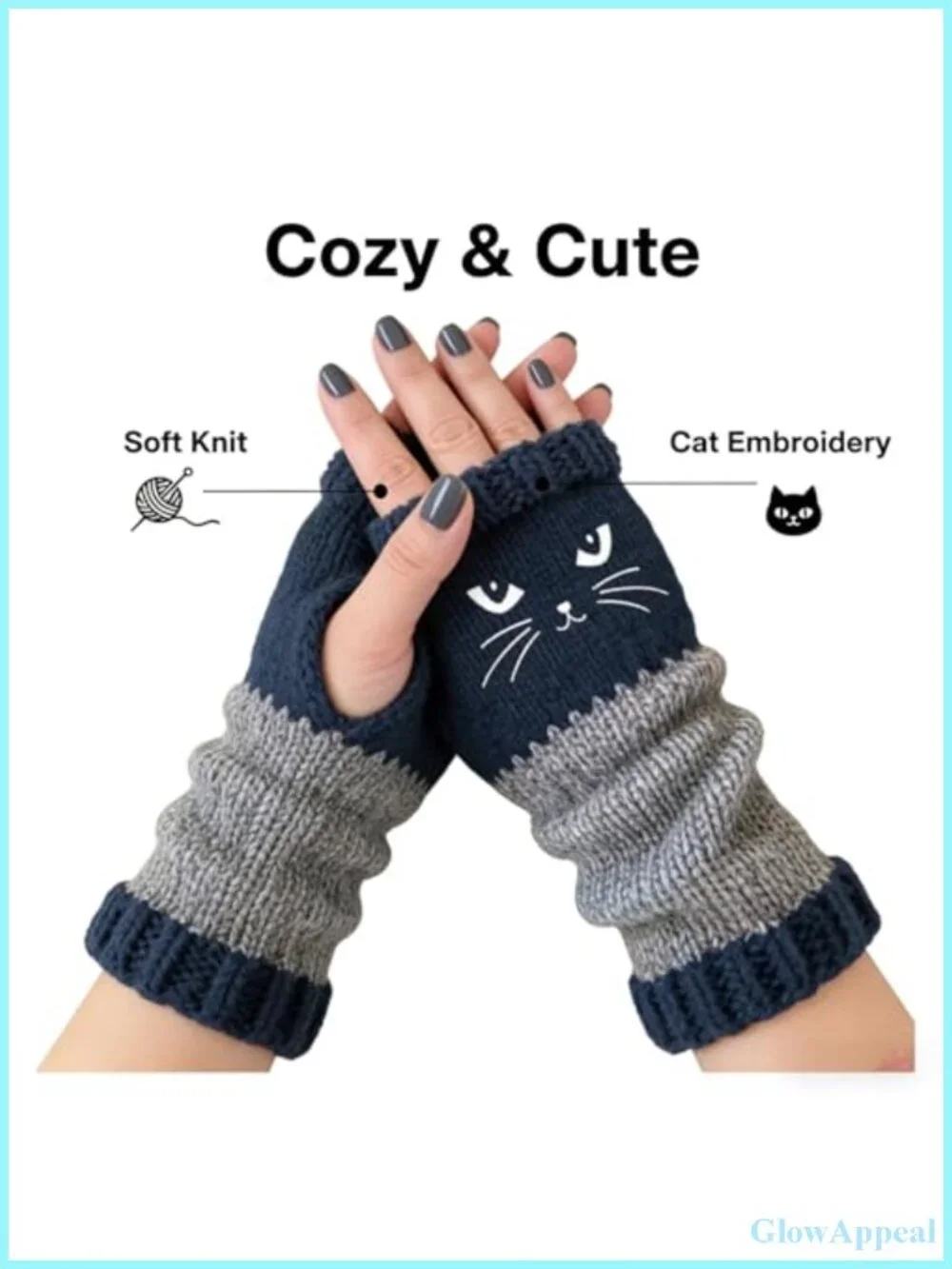 Cozy Knit Fingerless Gloves Women Cat Design Winter Texting